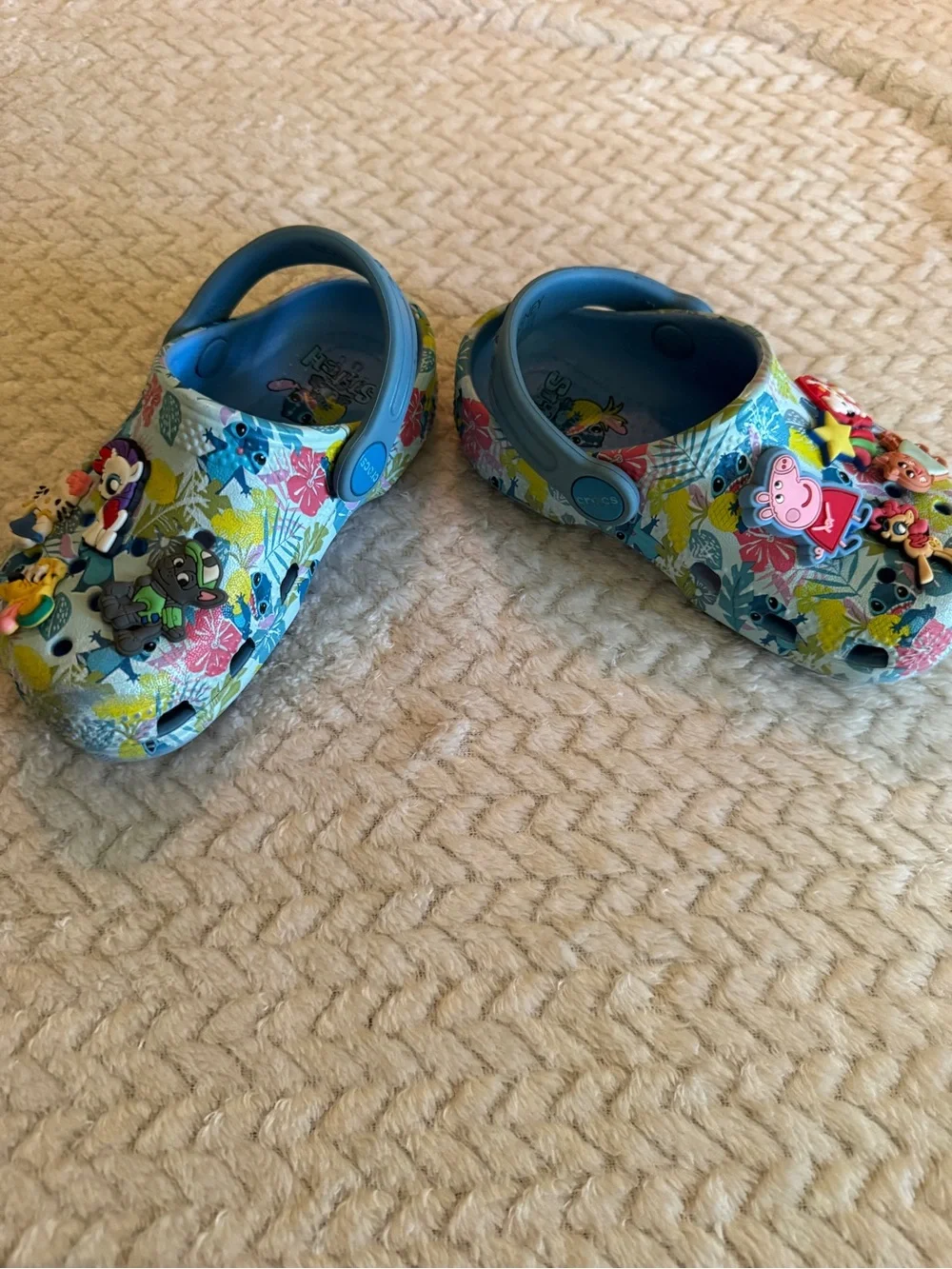 Disney Crocs Stitch Light Blue Floral Kids Clog Sandals with Character Jibbitz
